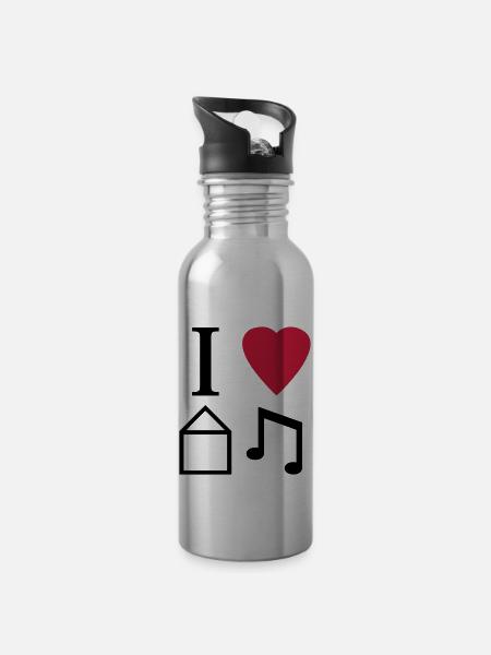 I Love House Music - Trinkflasche mit integriertem Trinkhalm - Lightsilver