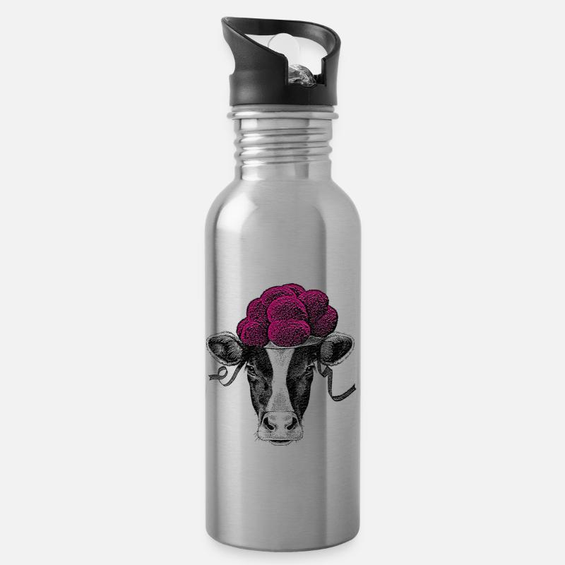 Schwarzwald-Tussi Kuh mit Schwarzwälder Bollenhut - Trinkflasche mit integriertem Trinkhalm - Lightsilver
