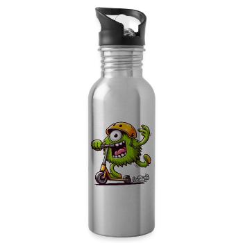Cute funny monster on escooter - Water bottle with straw - silver - Right