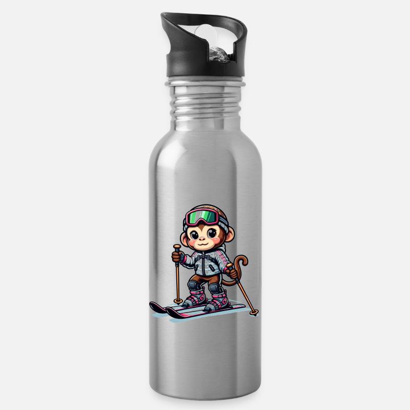 Cute Skier Monkey - Trinkflasche mit integriertem Trinkhalm - Lightsilver