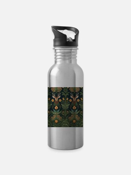 Symmetrisches Muster mit Reh und Blumen - Trinkflasche mit integriertem Trinkhalm - Lightsilver