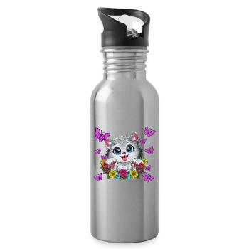 Cat kiss in a floral wreath - Water bottle with straw - silver - Right