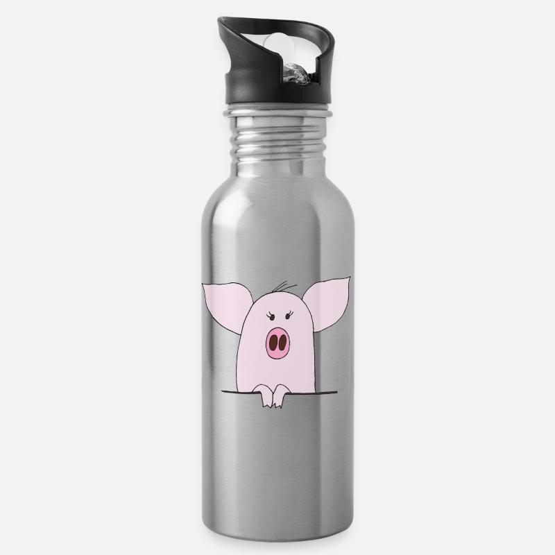 Kuscheliges Pinkes Schwein Cartoon - Trinkflasche mit integriertem Trinkhalm - Lightsilver