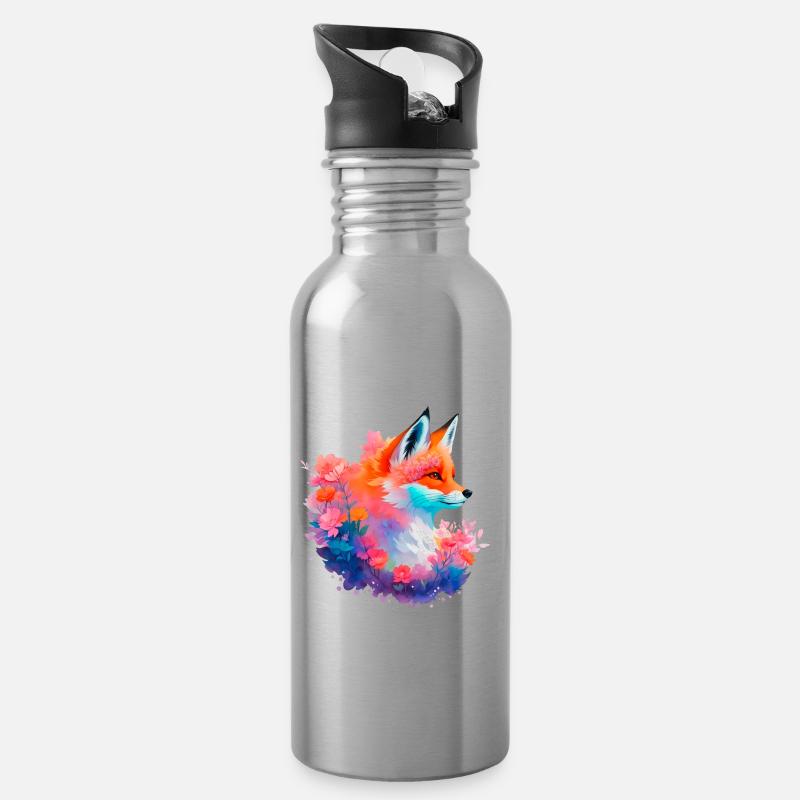 Rotfuchs Blumen Fuchs Kopf - Trinkflasche mit integriertem Trinkhalm - Lightsilver