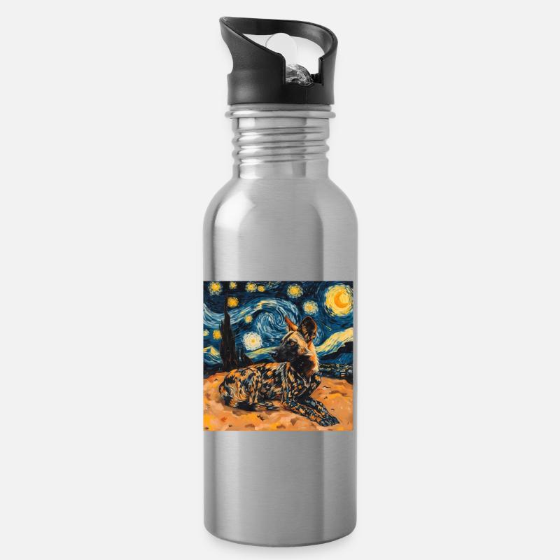 hyäne, van gogh, sternennacht - Trinkflasche mit integriertem Trinkhalm - Lightsilver