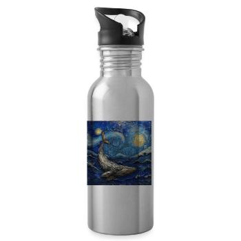 Whales, Fish, Ocean, Van Gogh, Starry Night - Water bottle with straw - silver - Right