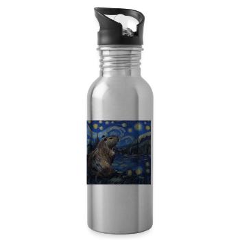 Capybara, Van Gogh, Sternennacht - Trinkflasche mit integriertem Trinkhalm - Lightsilver - Rechts