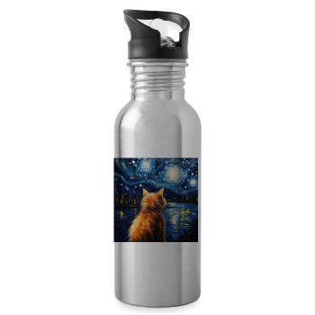 Cat, Cat Motif - Water bottle with straw - silver - Right