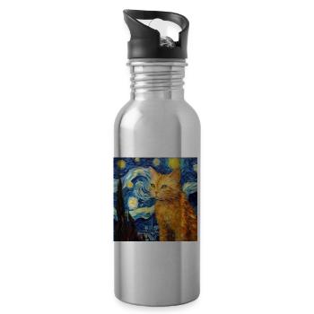 Chat, Motif De Chat, Van Gogh, Nuit Étoilée - Gourde avec paille intégrée - argent clair - Droite