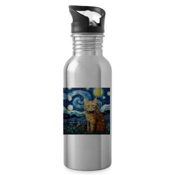 Chat, Motif De Chat, Van Gogh, Nuit Étoilée - Gourde avec paille intégrée - argent clair - Droite