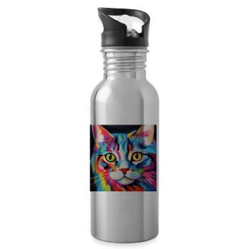 Chat, motif chat, pop art, cadeau, idée cadeau - Gourde avec paille intégrée - argent clair - Droite