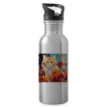 Katze, katzenmotiv, blumen, geschenk, geschenkidee - Trinkflasche mit integriertem Trinkhalm - Lightsilver - Rechts