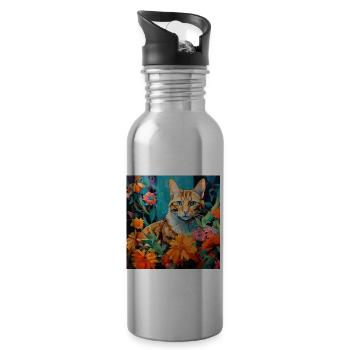 Katze, katzenmotiv, blumen, geschenk, geschenkidee - Trinkflasche mit integriertem Trinkhalm - Lightsilver - Rechts