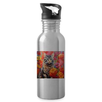 Katze, katzenmotiv, blumen, geschenk, geschenkidee - Trinkflasche mit integriertem Trinkhalm - Lightsilver - Rechts