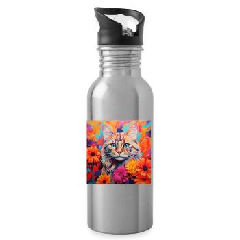Katze, katzenmotiv, blumen, geschenk, geschenkidee - Trinkflasche mit integriertem Trinkhalm - Lightsilver - Rechts