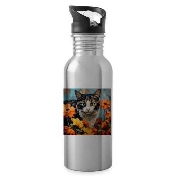 Katze, katzenmotiv, blumen, geschenk, geschenkidee - Trinkflasche mit integriertem Trinkhalm - Lightsilver - Rechts