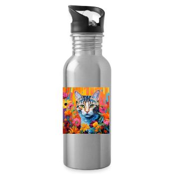 chat, motif de chat, fleurs, cadeau, idée cadeau - Gourde avec paille intégrée - argent clair - Droite