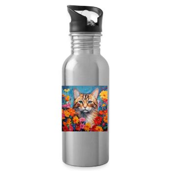 Katze, katzenmotiv, blumen, geschenk, geschenkidee - Trinkflasche mit integriertem Trinkhalm - Lightsilver - Rechts
