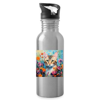 chat, motif de chat, fleurs, cadeau, idée cadeau - Gourde avec paille intégrée - argent clair - Droite