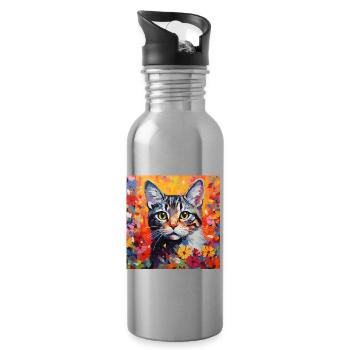 chat, motif de chat, fleurs, cadeau, idée cadeau - Gourde avec paille intégrée - argent clair - Droite