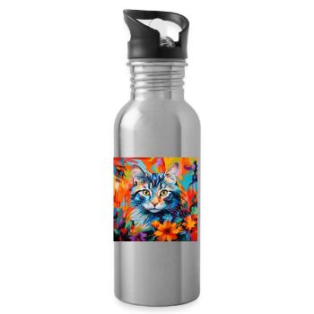Katze, katzenmotiv, blumen, geschenk, geschenkidee - Trinkflasche mit integriertem Trinkhalm - Lightsilver - Rechts