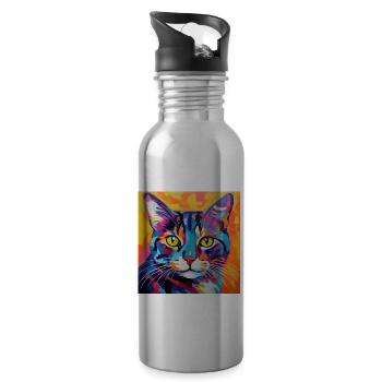 Chat, motif chat, pop art, cadeau, idée cadeau - Gourde avec paille intégrée - argent clair - Droite