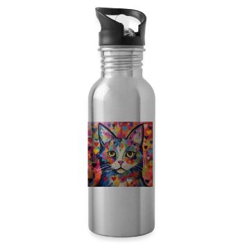 cat, cat motif, heart, gift, gift ideas - Water bottle with straw - silver - Right