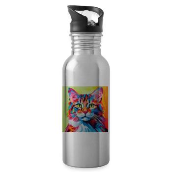 Chat, motif chat, pop art, cadeau, idée cadeau - Gourde avec paille intégrée - argent clair - Droite