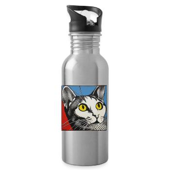 Cat, Cat Motif - Water bottle with straw - silver - Right