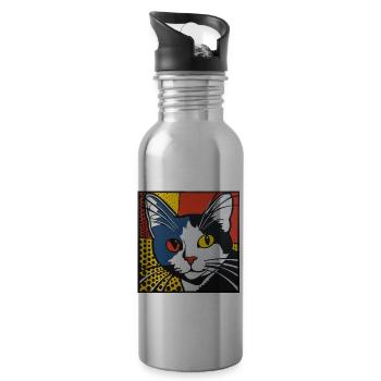 Cat, Cat Motif - Water bottle with straw - silver - Right