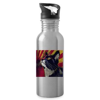 Cat, Cat Motif - Water bottle with straw - silver - Right