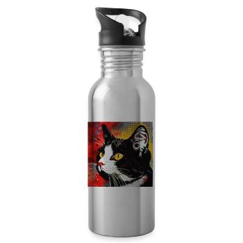 Cat, Cat Motif - Water bottle with straw - silver - Right
