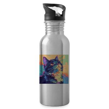 Cat, Cat Motif - Water bottle with straw - silver - Right