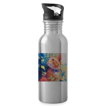 Cat, Cat Motif - Water bottle with straw - silver - Right