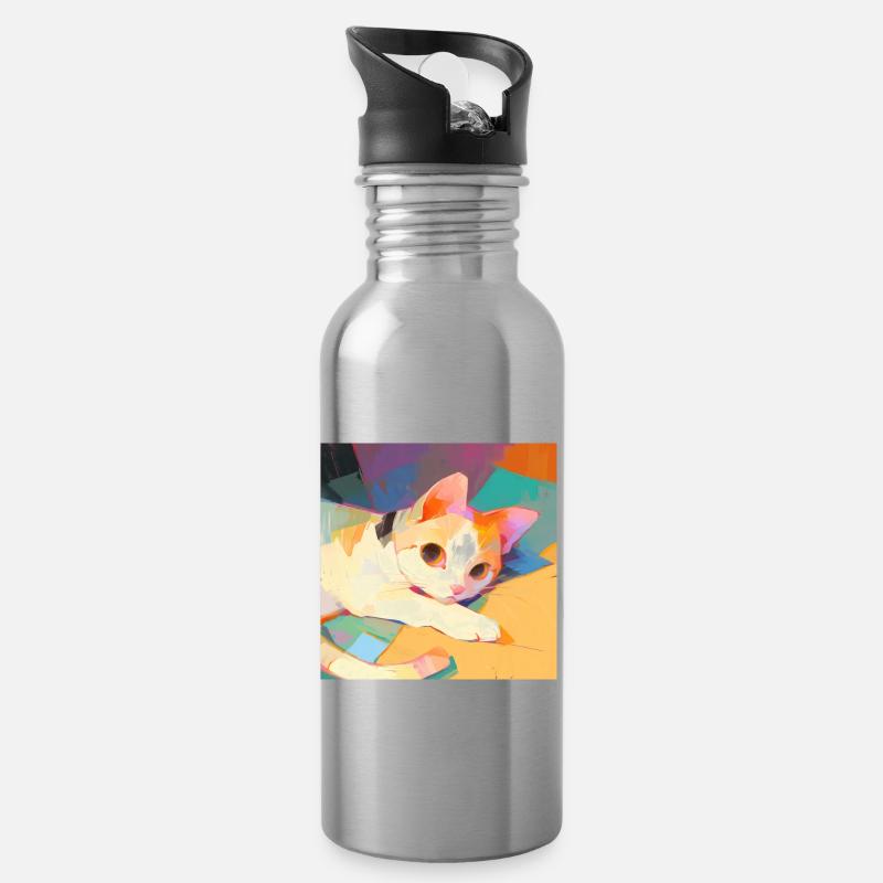Cat, Cat Motif - Water bottle with straw - silver