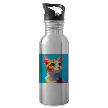 Cat, Cat Motif - Water bottle with straw - silver - Right