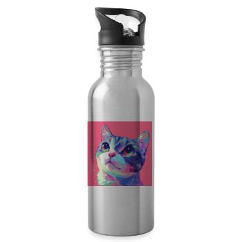 Cat, Cat Motif - Water bottle with straw - silver - Right