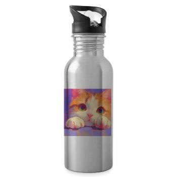 Cat, Cat Motif - Water bottle with straw - silver - Right