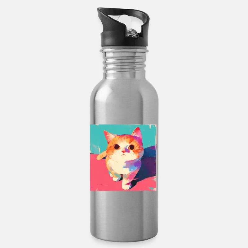 Cat, Cat Motif - Water bottle with straw - silver