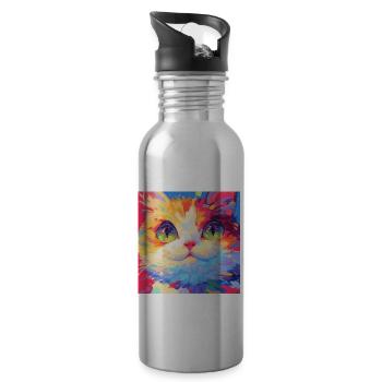 Cat, Cat Motif - Water bottle with straw - silver - Right