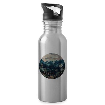 Boho, Flowers, Mountains, Landscape, Nature, Trees - Water bottle with straw - silver - Right