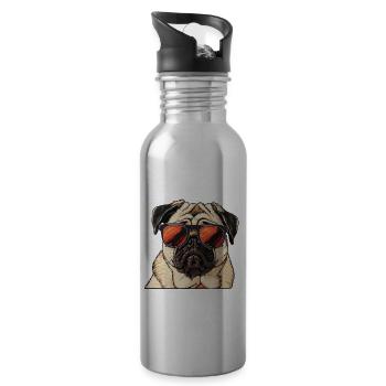 Pug, Pug dog, Dog, Sunglasses, Summer - Water bottle with straw - silver - Right
