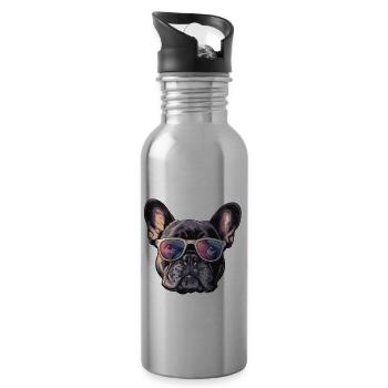 Französische Bulldogge, Frenchie, French Bulldog, - Water bottle with straw - silver - Right