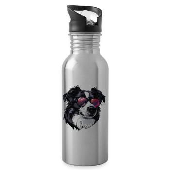Border Collie, Dog, Sunglasses, Summer - Water bottle with straw - silver - Right