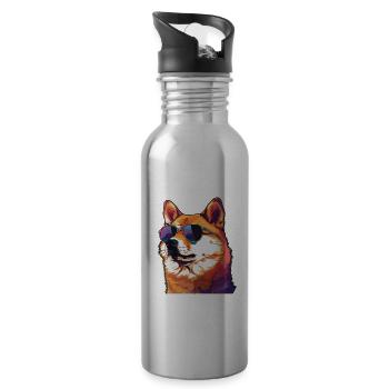 Akita, dog, sunglasses, summer - Water bottle with straw - silver - Right