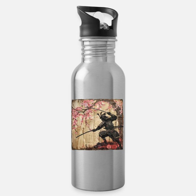 Japanisch, Samurai, Kirschblüte, Kunst, Ukiyo-E - Trinkflasche mit integriertem Trinkhalm - Lightsilver