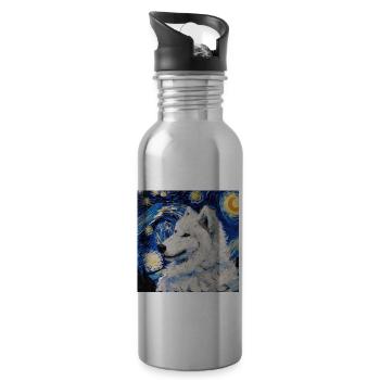 Samojede Samoyed Van Gogh Sternennacht Geschenk - Trinkflasche mit integriertem Trinkhalm - Lightsilver - Rechts