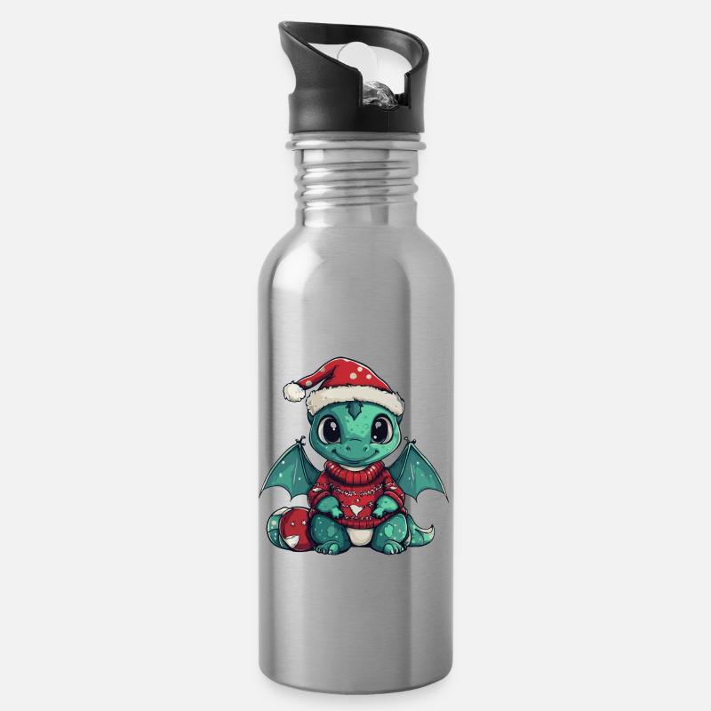 Drache Weihnachten Comic - Trinkflasche mit integriertem Trinkhalm - Lightsilver