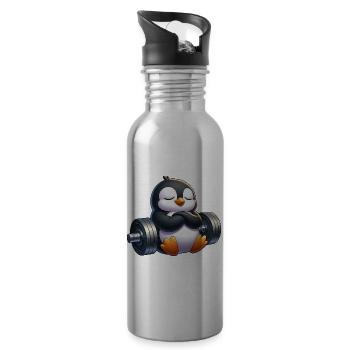 Penguin with Dumbbell Cartoon Relax Cute - Water bottle with straw - silver - Right