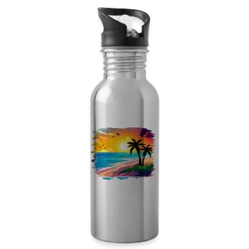 Summer Sunset Beach Watercolor - Water bottle with straw - silver - Right